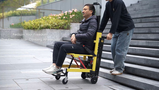 A person using the Electric Stair Climbing Wheelchair to navigate stairs with assistance, with the text 'Reclaim Your Freedom: The Electric Stair Climbing Wheelchair' overlaying the image