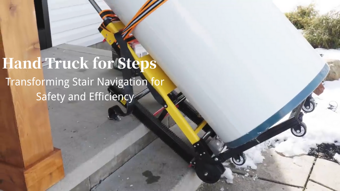 A Riosoc electric hand truck moving a large water heater up stairs, showcasing the efficiency and safety of the track-based system.