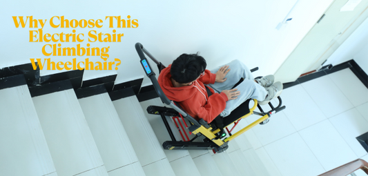 Person using an electric stair climbing wheelchair on indoor stairs for safe assisted mobility.