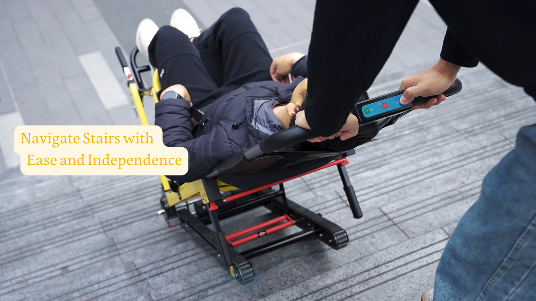 Caregiver operating the Riosoc Electric Stair Climbing Wheelchair to help an individual navigate stairs with ease and independence.