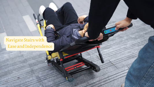 Caregiver operating the Riosoc Electric Stair Climbing Wheelchair to help an individual navigate stairs with ease and independence.