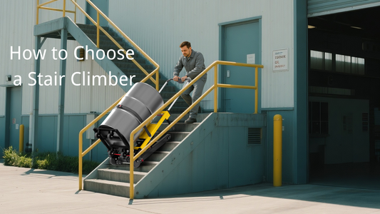 Man using Riosoc electric stair climber to move heavy equipment down industrial stairs