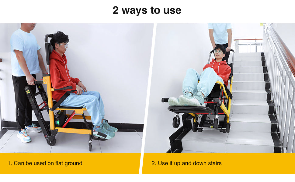 Versatile stair-climbing wheelchair designed for flat ground mobility and safe stair navigation, offering enhanced flexibility and ease of use for various environments.