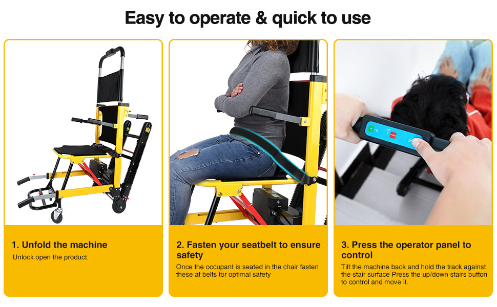 Step-by-step operation of the stair-climbing wheelchair: unfold the device, fasten the seatbelt for safety, and control movements using the intuitive operator panel for effortless stair navigation.