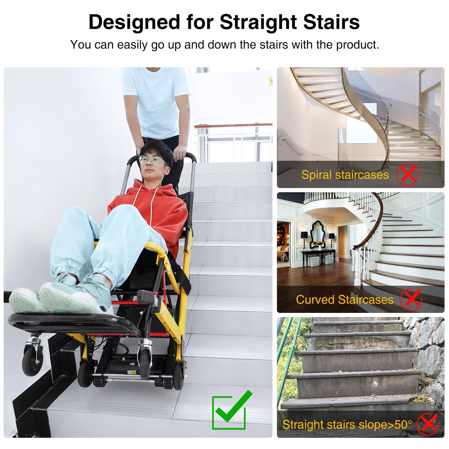 Electric stair-climbing wheelchair designed for straight stairs, ensuring safe and smooth navigation, not compatible with spiral, curved, or steep stairs exceeding a 50° slope.