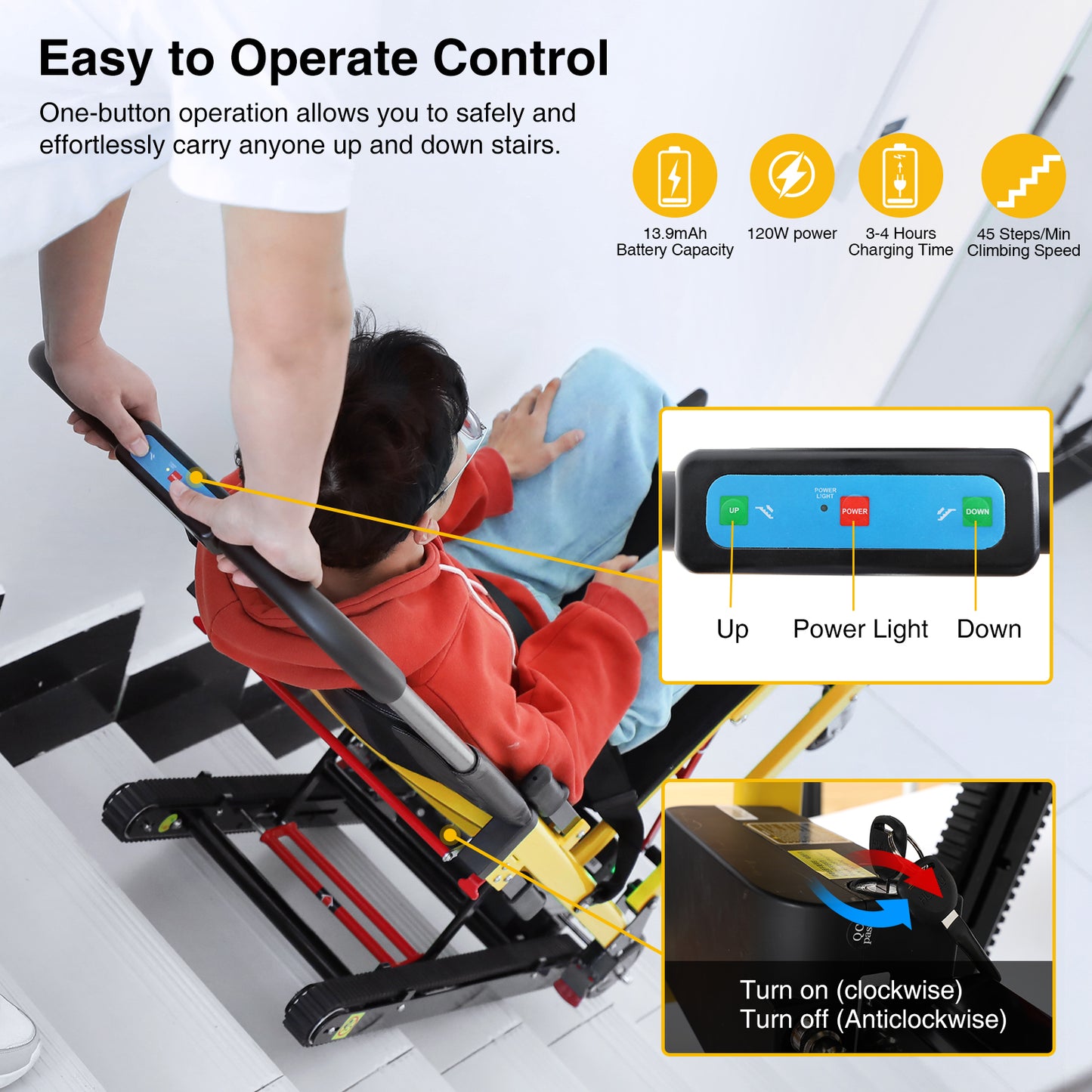 Electric stair-climbing wheelchair showcasing a simple one-button control panel, safe stair navigation, and a rechargeable battery system for effortless mobility and user comfort.