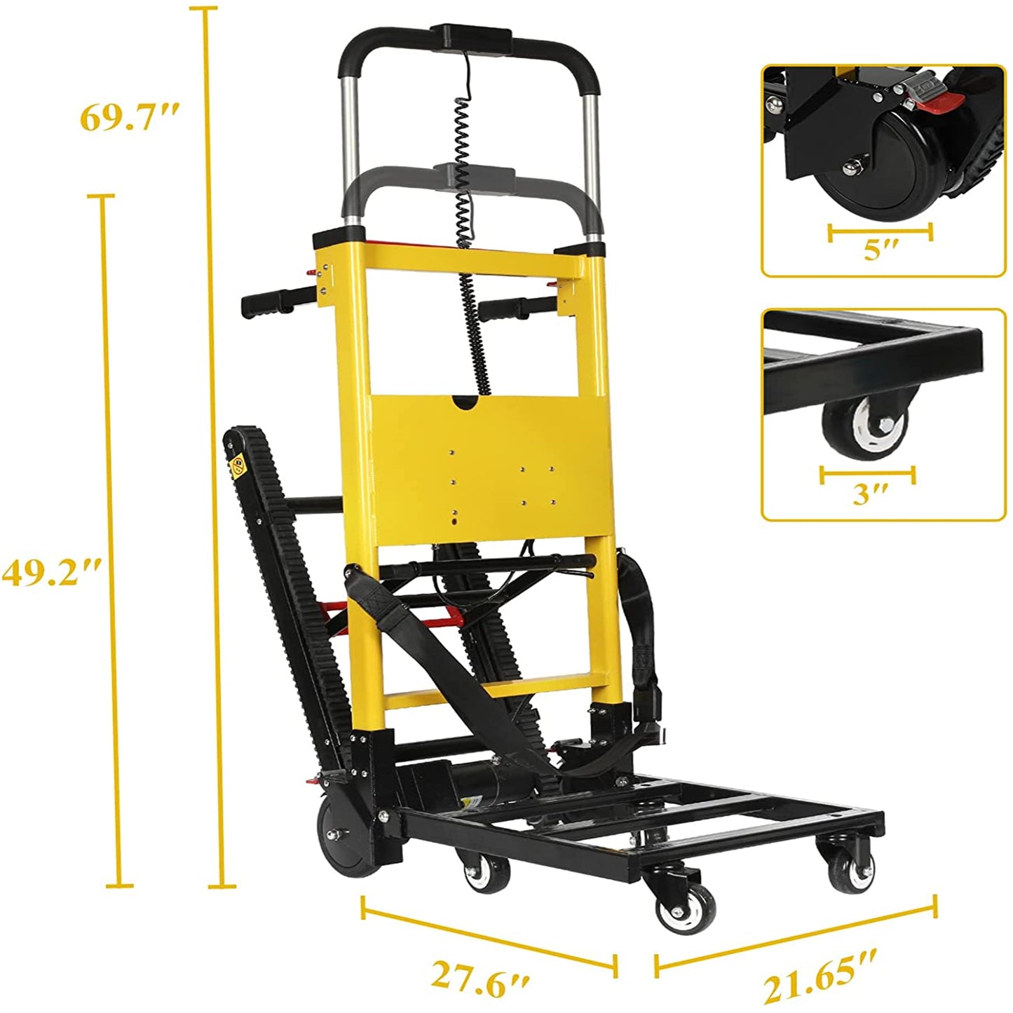 Dimensions of the Riosoc Electric Stair Climbing Hand Truck:
Height: 69.7 inches
Adjustable Handle Height: 49.2 inches
Base Length: 27.6 inches
Base Width: 21.65 inches
Large Wheel Diameter: 5 inches
Small Wheel Diameter: 3 inches