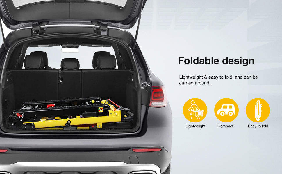 Compact and foldable stair-climbing wheelchair fits easily in car trunks, featuring a lightweight design for convenient transportation and storage.