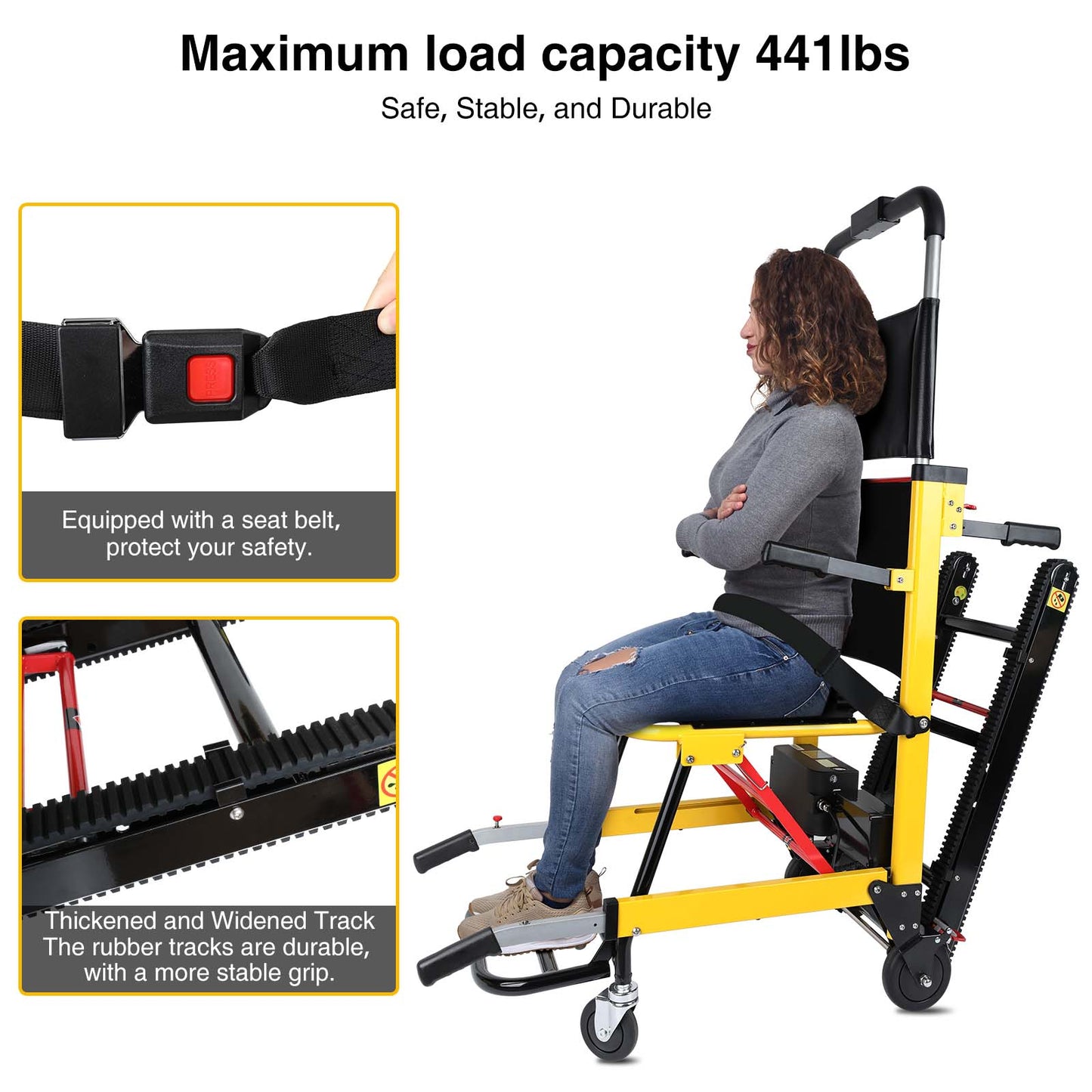 Stair-climbing wheelchair with a 441lbs load capacity, seat belt for safety, and durable rubber tracks for stable grip, ensuring reliability and comfort for users.