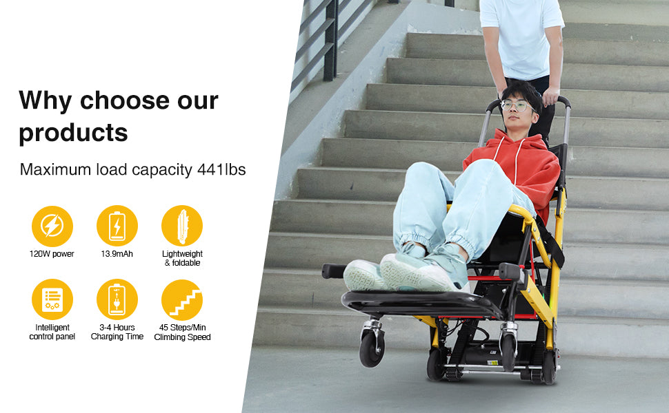 Lightweight and foldable stair-climbing wheelchair with 441lbs load capacity, 120W power, intelligent control panel, 45 steps/min climbing speed, and 3-4 hours charging time for enhanced mobility.