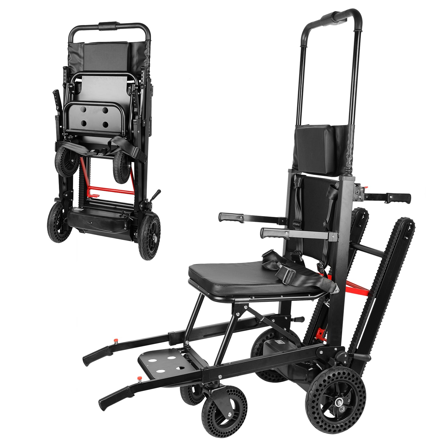 Riosoc Electric Stair Climbing Chair with foldable design, ideal for seniors and disabled individuals. Features durable wheels for easy mobility on stairs and a comfortable seat for extended use. Perfect for emergency situations and everyday use.