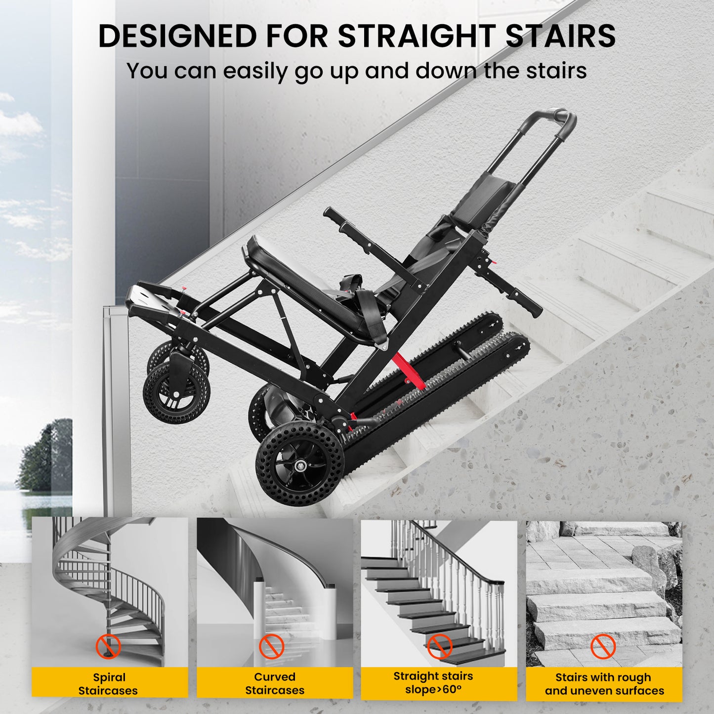 Riosoc YHR-LDO1 Electric Stair Climbing Chair designed for straight stairs with a slope greater than 60°. Not suitable for spiral or curved stairs or rough, uneven surfaces.