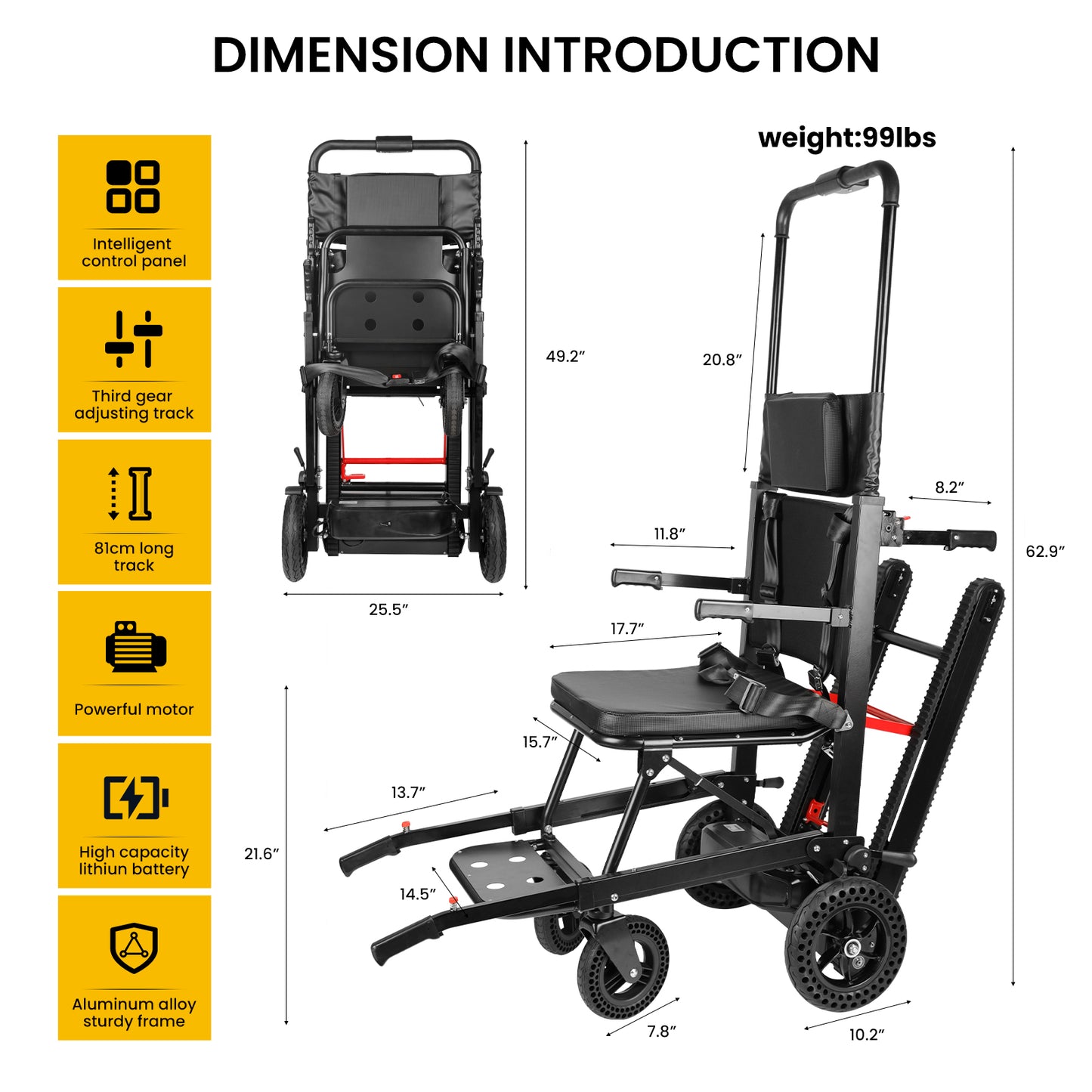 Riosoc YHR-LDO1 Electric Stair Climbing Chair with detailed dimensions showing adjustable track, powerful motor, high-capacity lithium battery, and aluminum alloy frame.