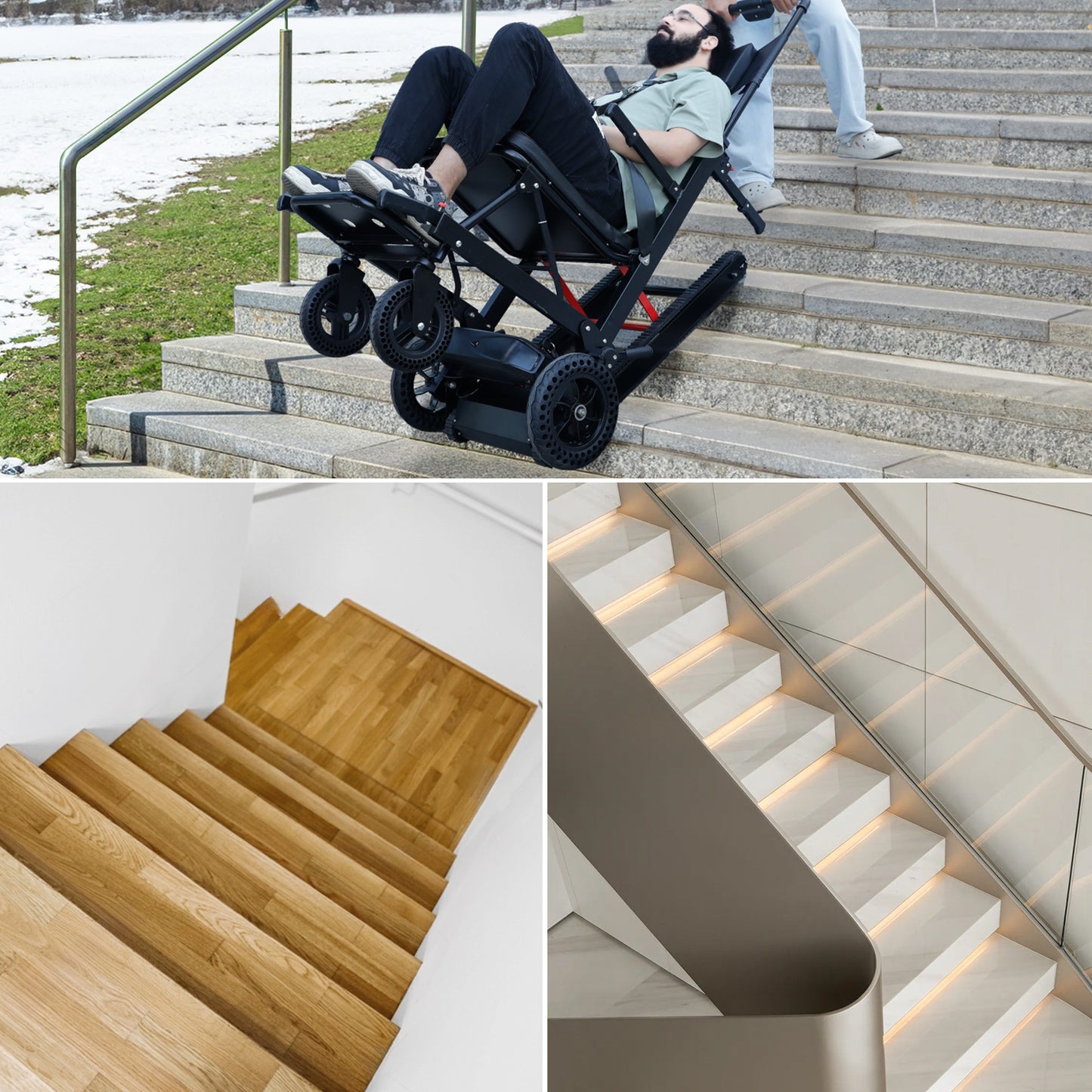 Riosoc YHR-LDO1 Electric Stair Climbing Chair in use on various stair types, including outdoor stone stairs, wooden indoor stairs, and modern glass stairs, showcasing its versatility for different environments.