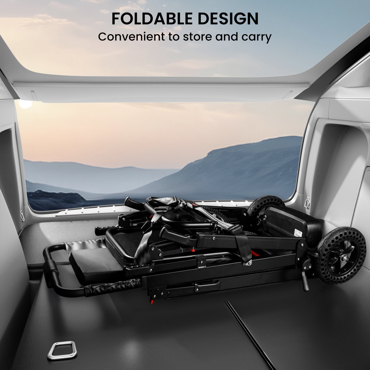 Riosoc YHR-LDO1 Electric Stair Climbing Chair with foldable design, perfect for easy storage and transport in a car or tight spaces.