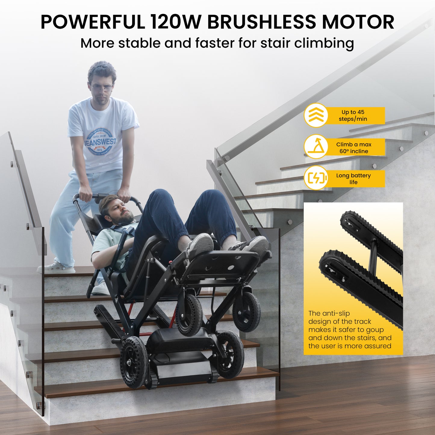 Riosoc YHR-LDO1 Electric Stair Climbing Chair with powerful 120W brushless motor, capable of climbing up to 45 steps/min with a max 60° incline. Features anti-slip tracks for added safety and stability.