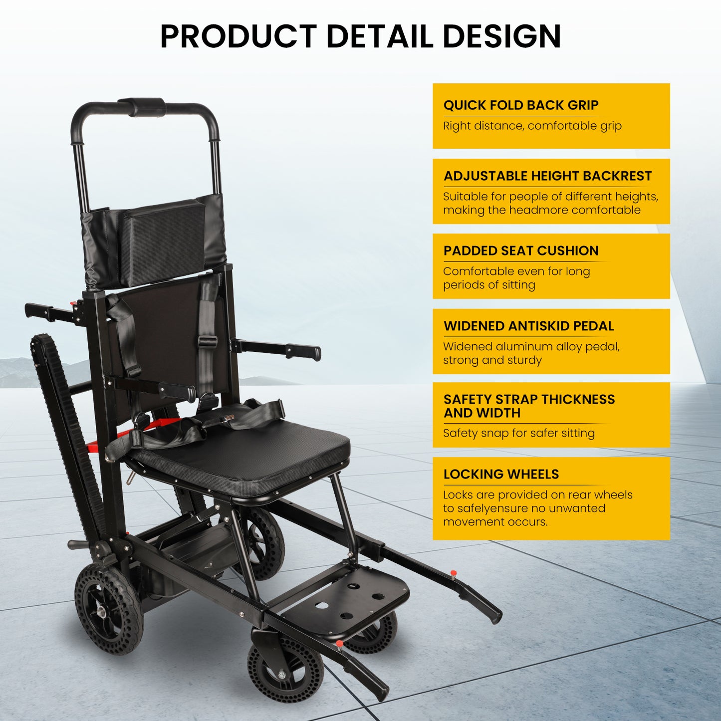 Riosoc YHR-LDO1 Electric Stair Climbing Chair with key design features including a quick fold back grip, adjustable height backrest, padded seat cushion, widened anti-skid pedal, safety straps, and locking wheels for added security and comfort.