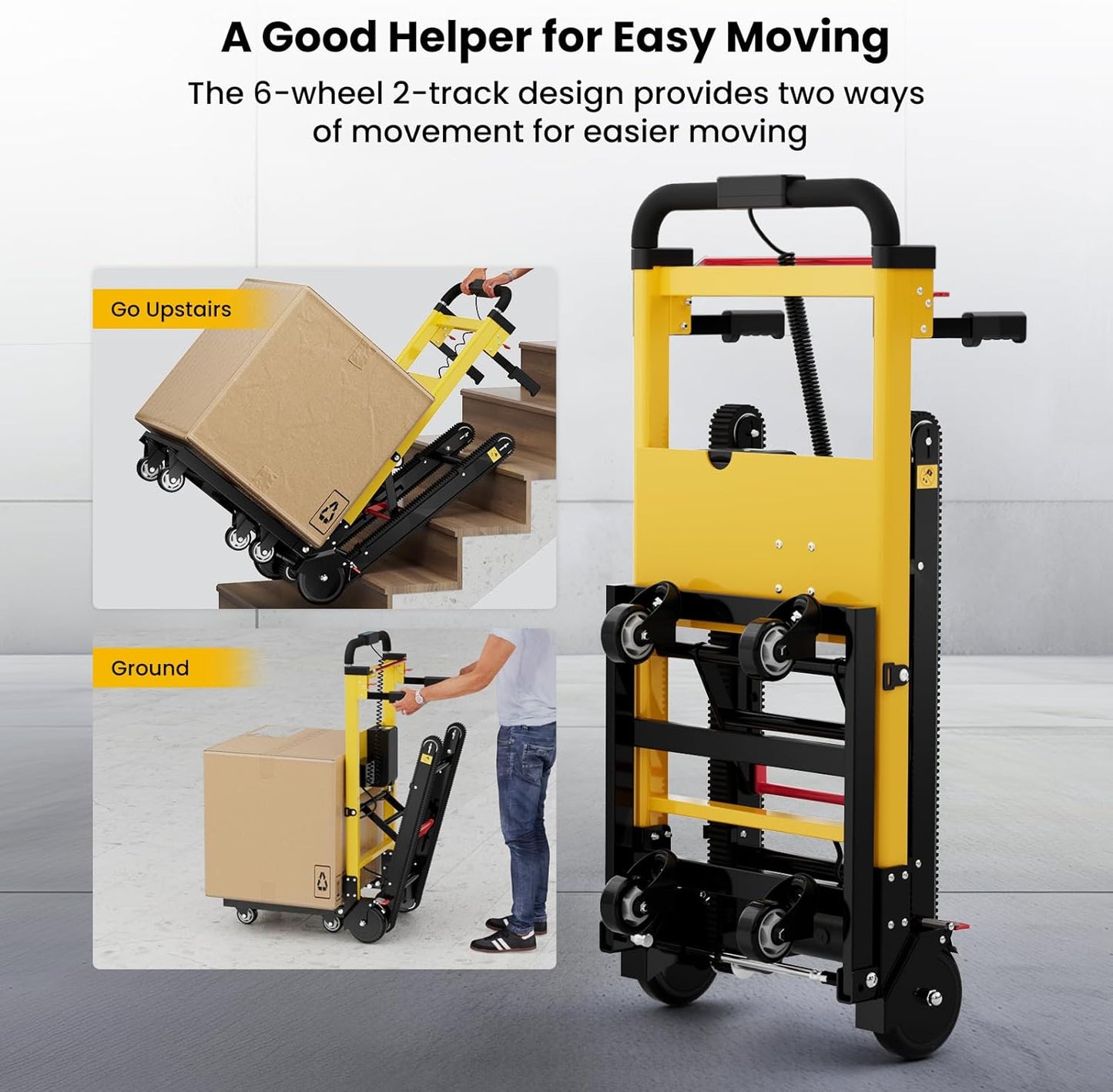 An illustration showing the Riosoc Electric Stair Climbing Dolly with a six-wheel, two-track design that facilitates two movement methods: climbing stairs and moving on the ground. One side depicts the dolly transporting a box up the stairs, while the other side shows the dolly on the ground with a box being moved. The text highlights its role as a helpful tool for easy moving.