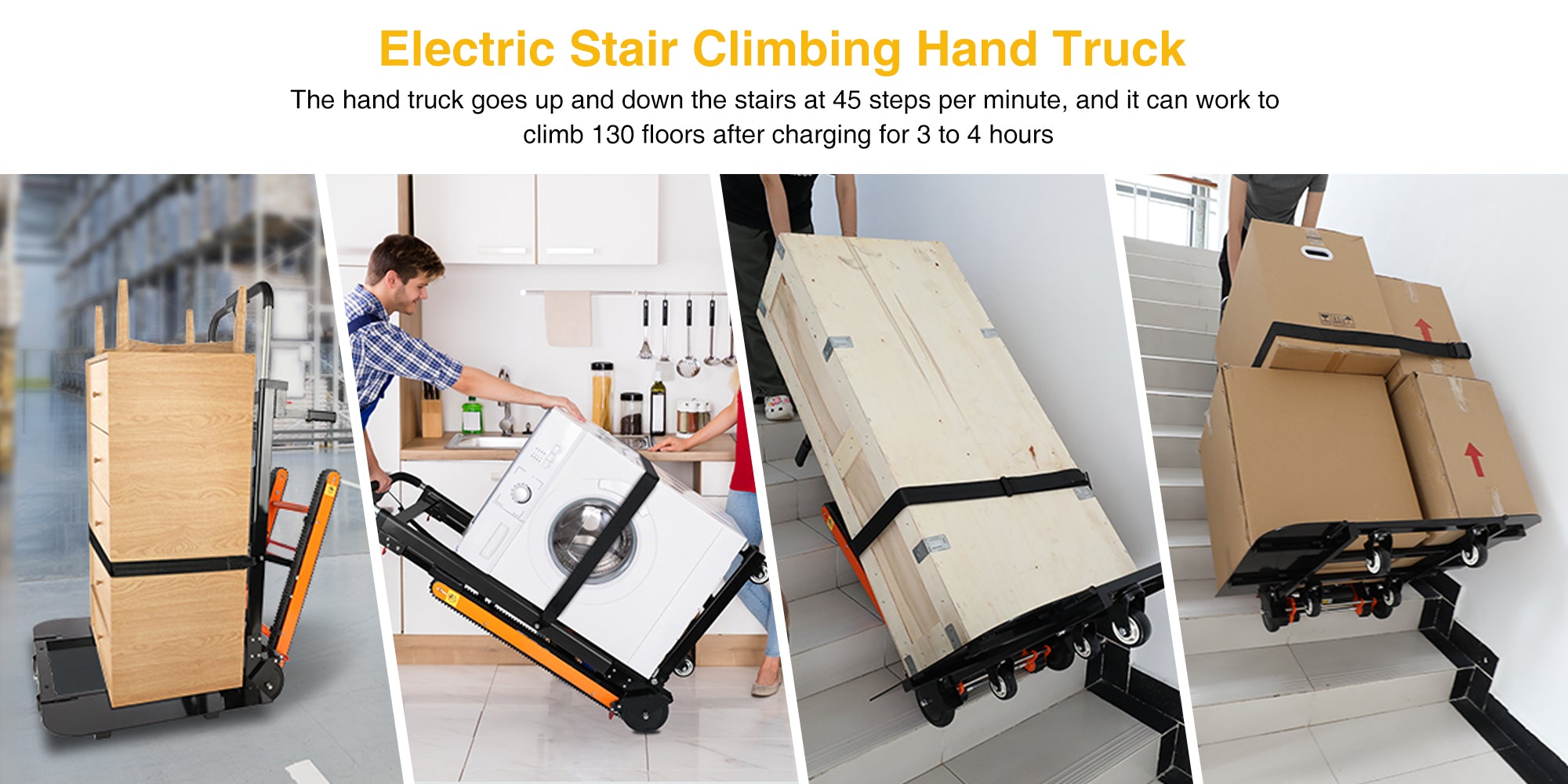 Electric stair climbing hand truck carrying cabinets, washing machines, wooden crates, and boxes. Climbs stairs at 45 steps per minute and handles up to 130 floors on a 3-4 hour charge, perfect for various heavy-duty transport tasks.