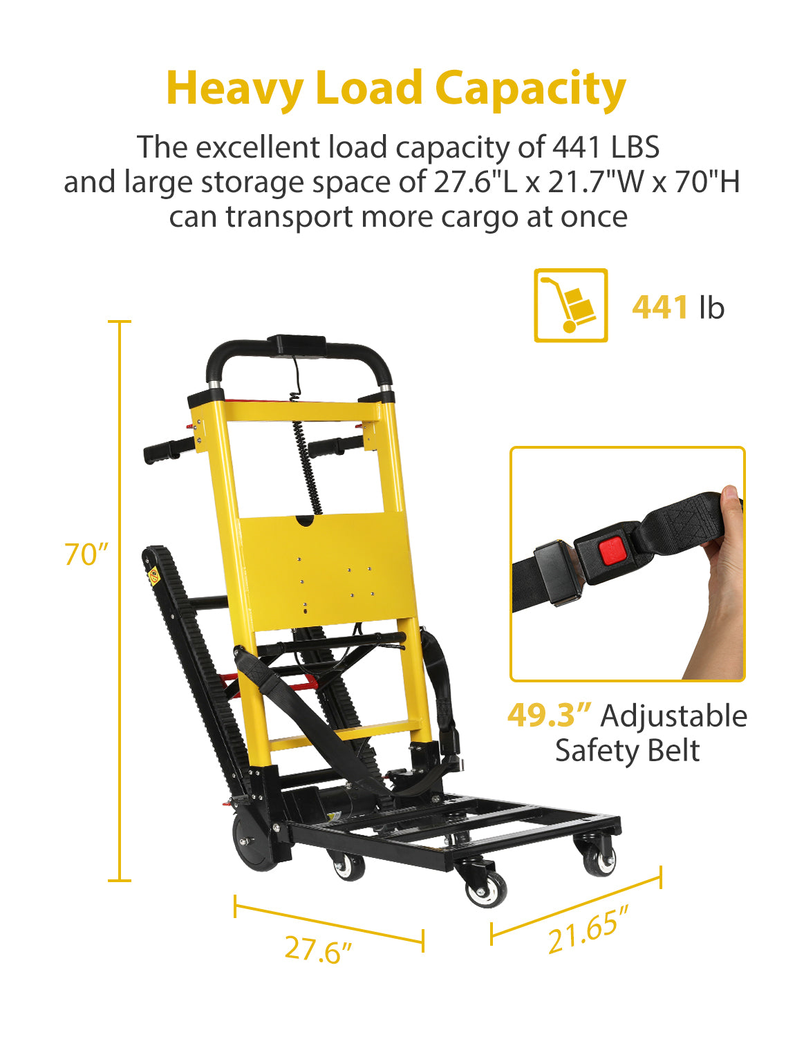 Product specifications: Heavy load capacity of 441 lbs, with a large storage space measuring 27.6”L x 21.7”W x 70”H, allowing for transportation of more cargo at once; includes a 49.3” adjustable safety belt.