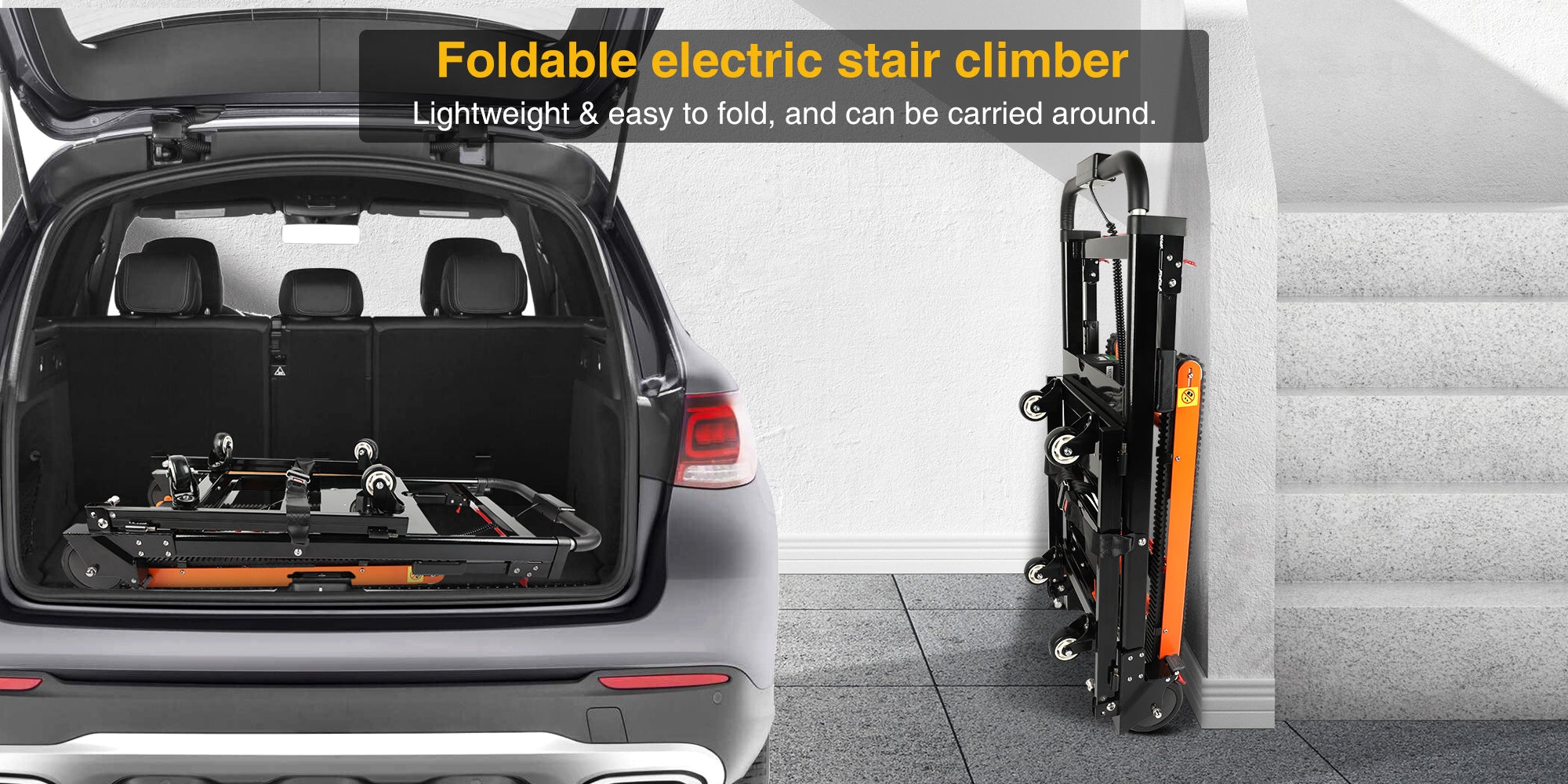 Foldable electric stair climber stored compactly in a car trunk and upright against a wall. Lightweight and easy to fold, perfect for convenient transportation and storage.