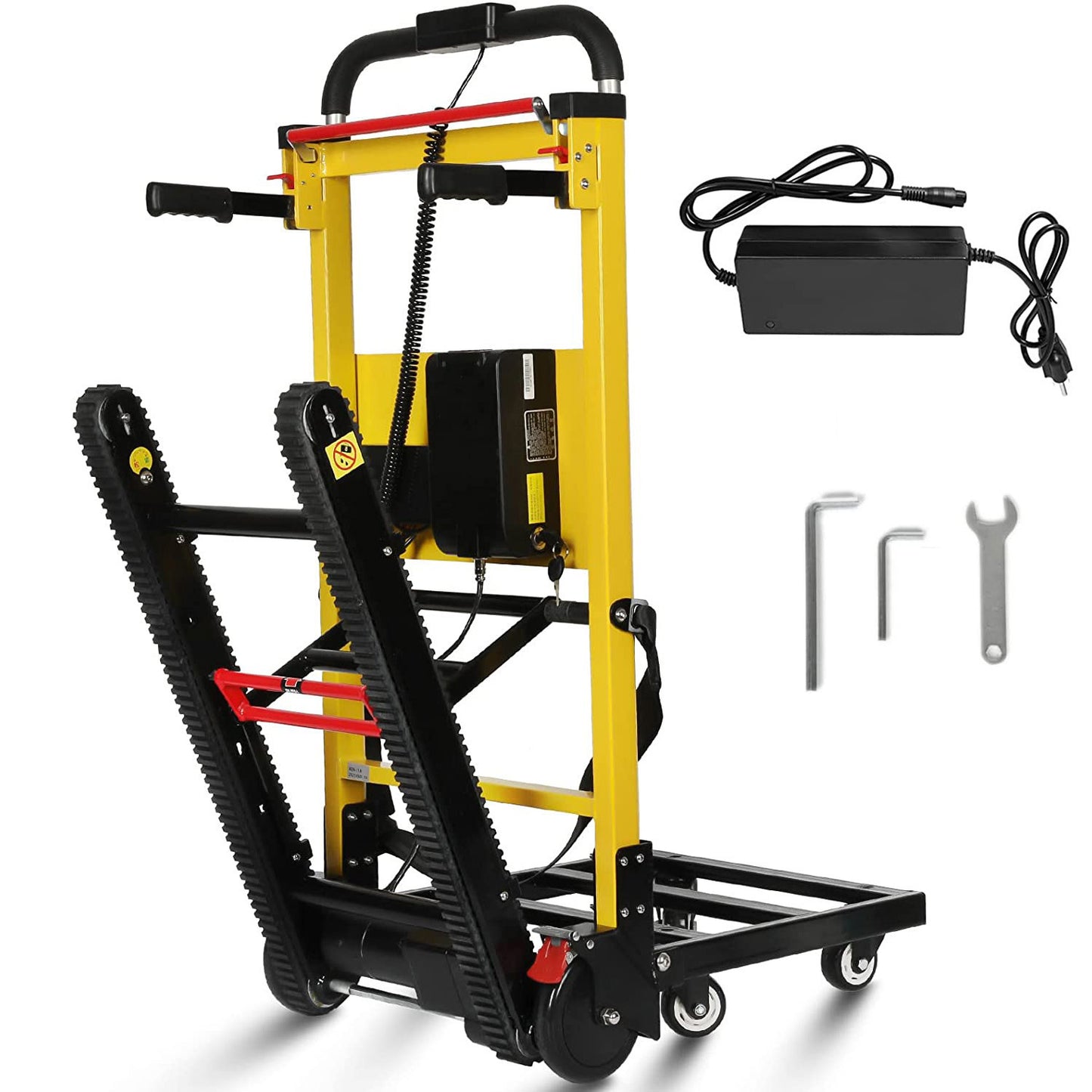 Riosoc Electric Stair Climbing Hand Trucks with its accessories, including a power adapter for charging, two hex keys, and an adjustable wrench. The image highlights the truck's structure, showcasing the hand grips and track mechanism.