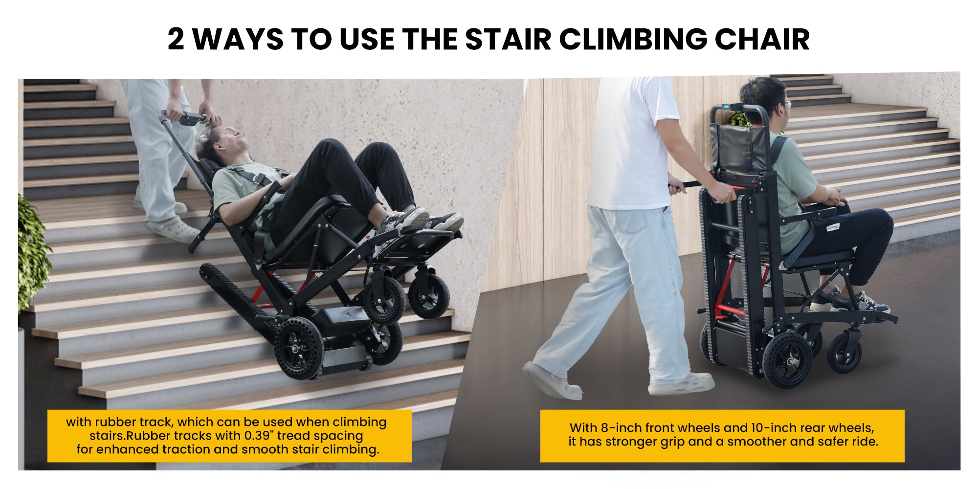 Step-by-step guide for using the Riosoc YHR-LDO1 Electric Stair Climbing Chair, including battery installation, handle adjustment, and operating the chair for smooth stair climbing.