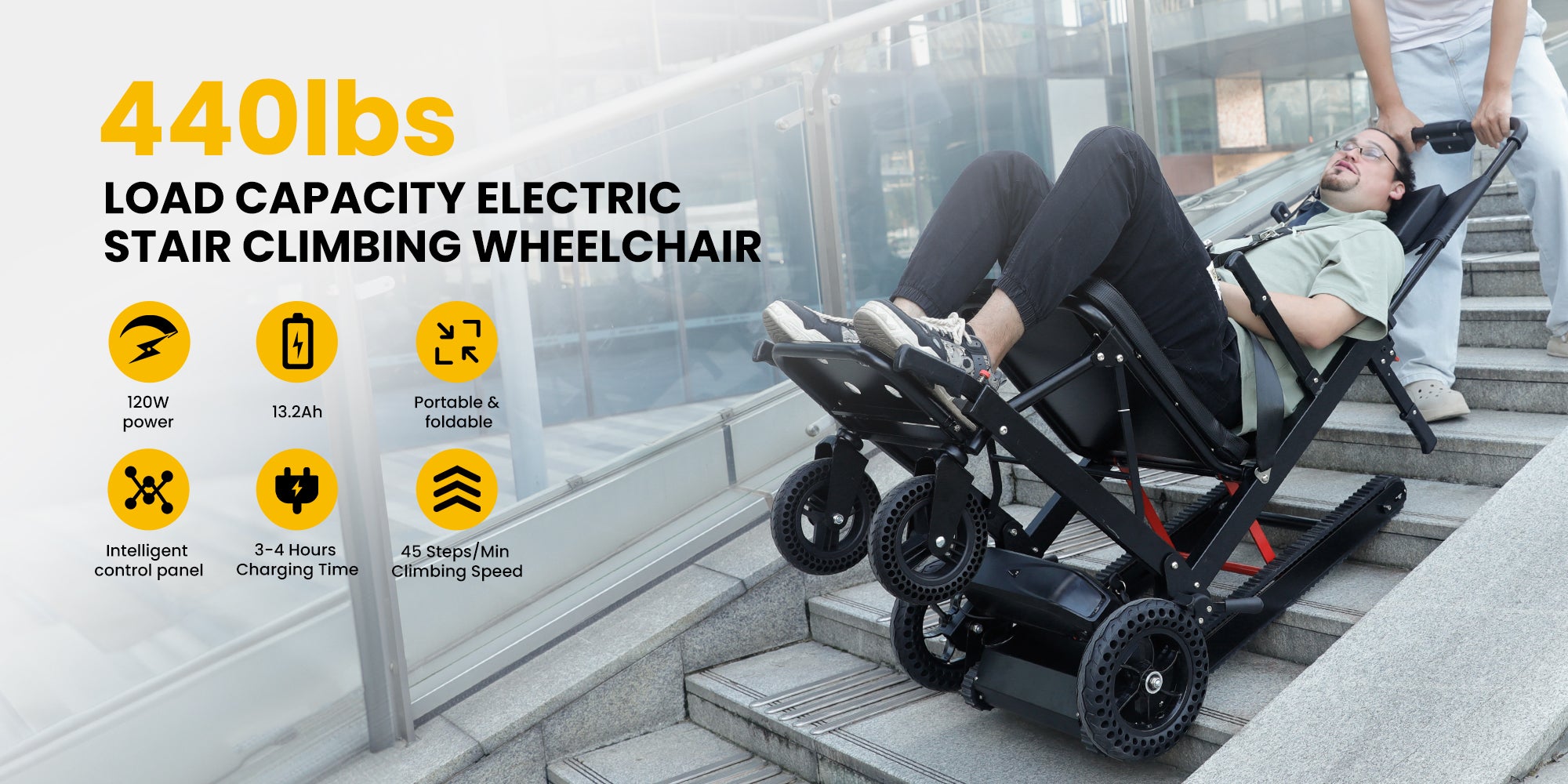 Riosoc YHR-LDO1 Electric Stair Climbing Chair with 440lbs load capacity, 120W power, 13.2Ah battery, and 45 steps/min climbing speed. Portable, foldable, and equipped with an intelligent control panel for easy operation.