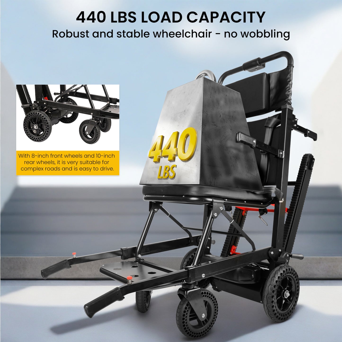 Riosoc YHR-LDO1 Electric Stair Climbing Chair with 440 lbs load capacity, featuring 8-inch front wheels and 10-inch rear wheels for easy maneuvering on complex roads and stairs.