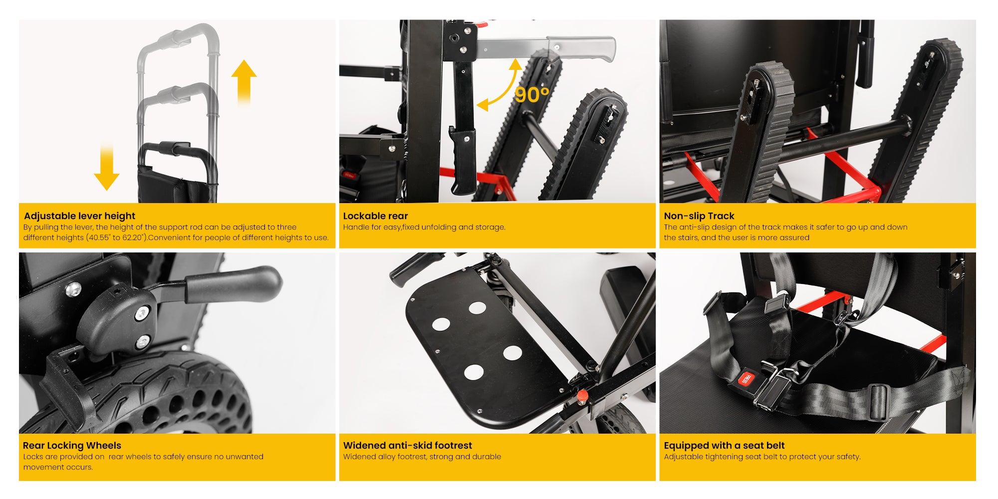 Riosoc YHR-LDO1 Electric Stair Climbing Chair with adjustable lever height, lockable rear handle, non-slip track, widened anti-skid footrest, and safety seat belt for enhanced comfort and security.