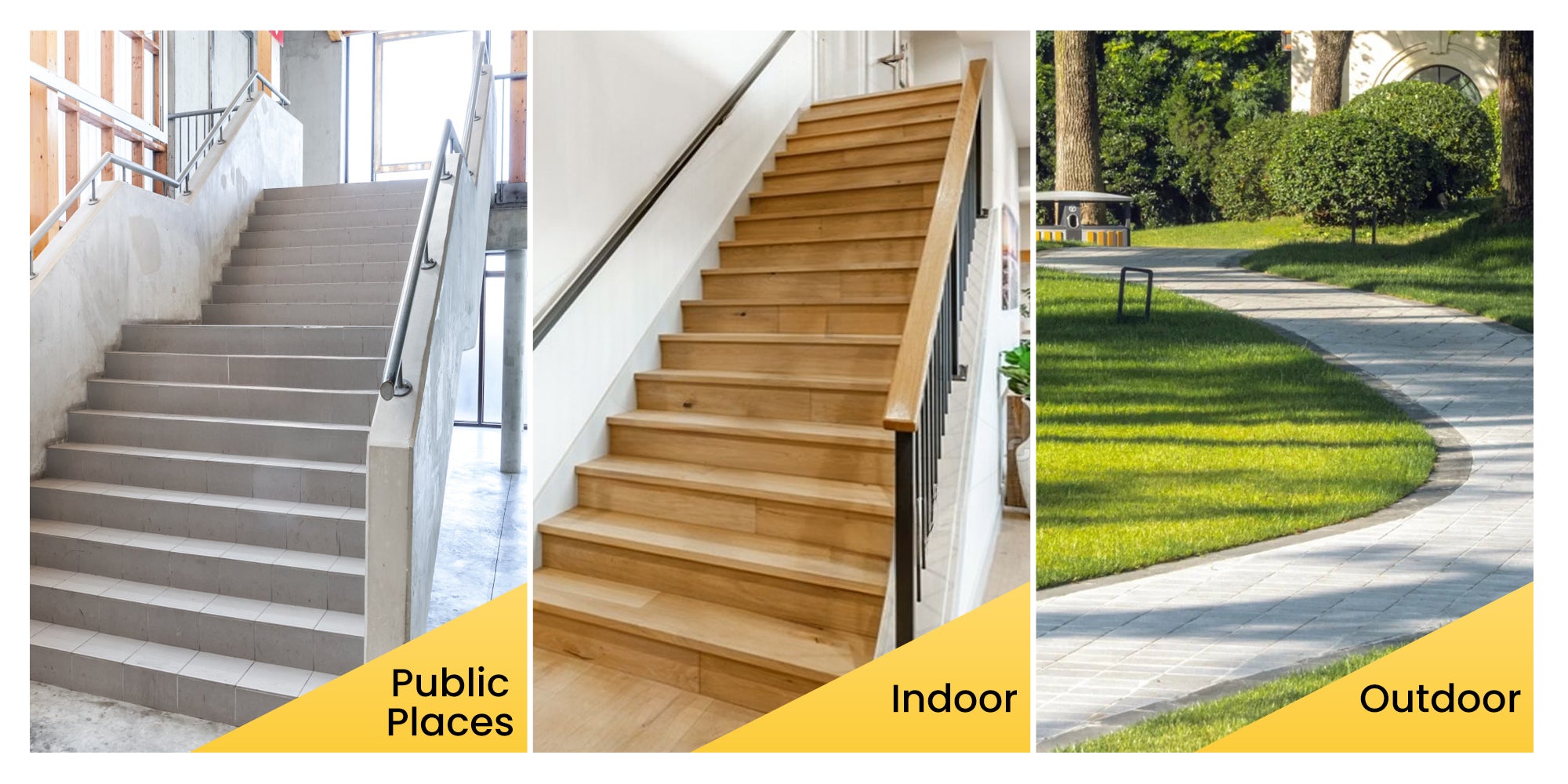 Riosoc YHR-LDO1 Electric Stair Climbing Chair in use on various stairs: public concrete stairs, indoor wooden stairs, and outdoor paved paths, demonstrating its versatility for different environments.