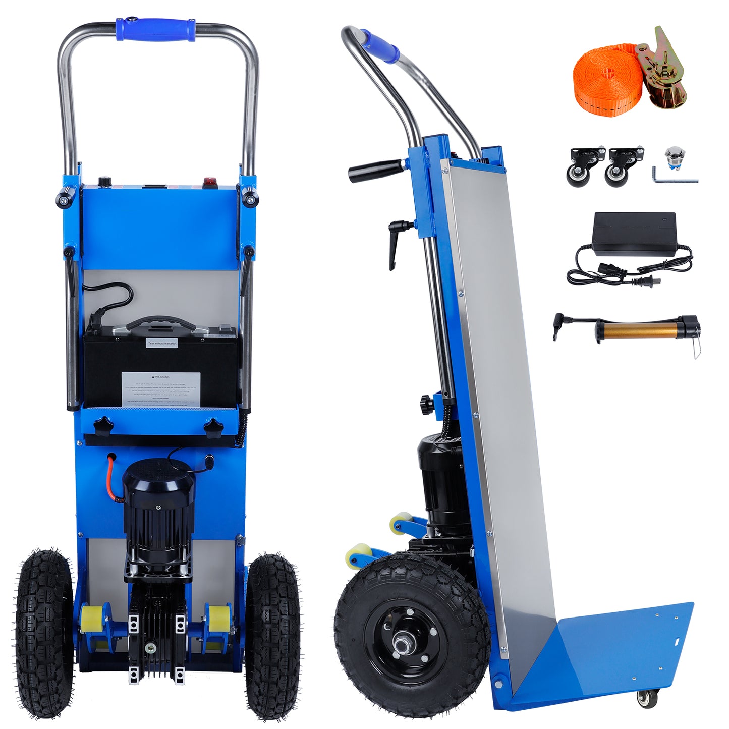 Riosoc electric stair climbing dolly with front and side views, showing motor, battery, and included accessories like straps, charger, wrench, and caster wheels for versatile usage.