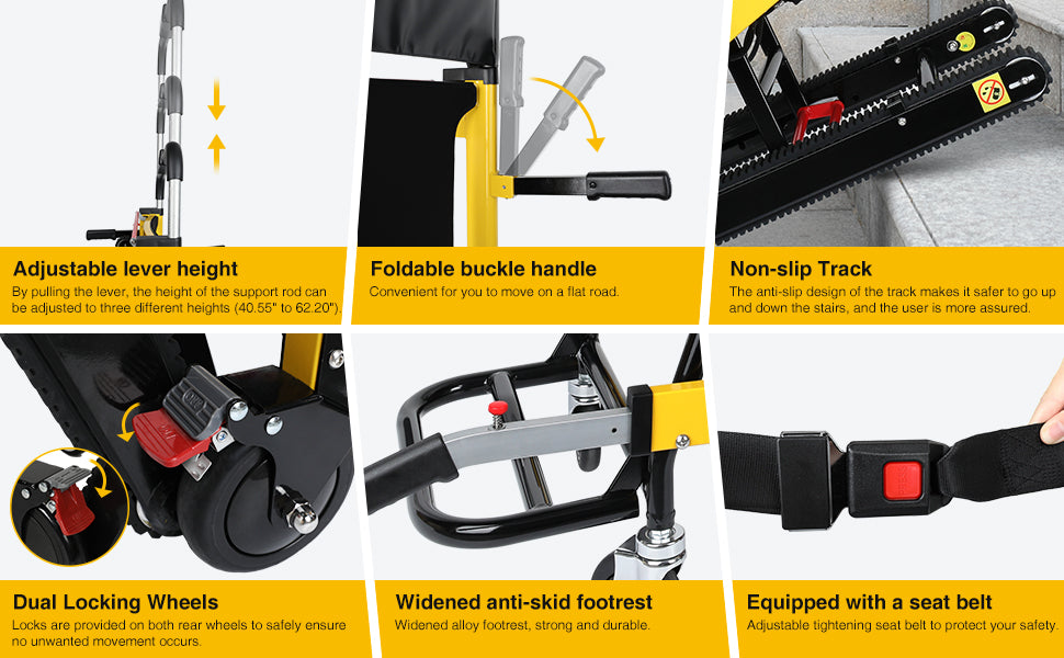 Stair-climbing wheelchair with adjustable lever height, foldable handle, non-slip track, dual locking wheels, widened anti-skid footrest, and a secure seatbelt for maximum safety and usability.