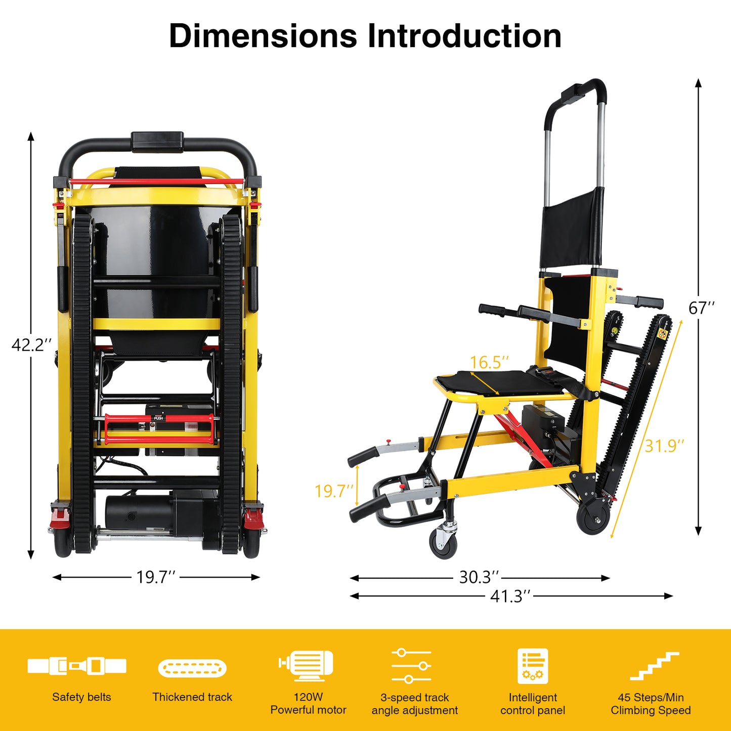 Stair-climbing wheelchair dimensions: 42.2" height (folded), 67" height (unfolded), 19.7" width, 30.3"-41.3" length. Equipped with safety belts, thickened tracks, 120W motor, 3-speed track adjustment, and 45 steps/min climbing speed.