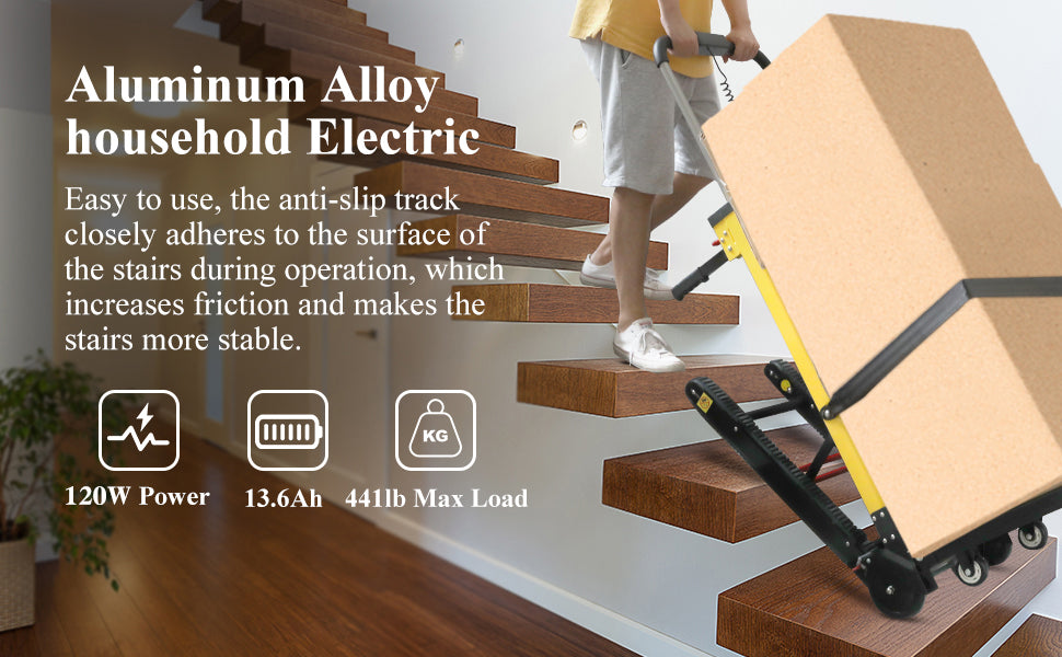 Aluminum alloy electric stair climber with 120W power, 13.6Ah battery, and 441 lbs max load, featuring anti-slip tracks for stable operation on stairs.