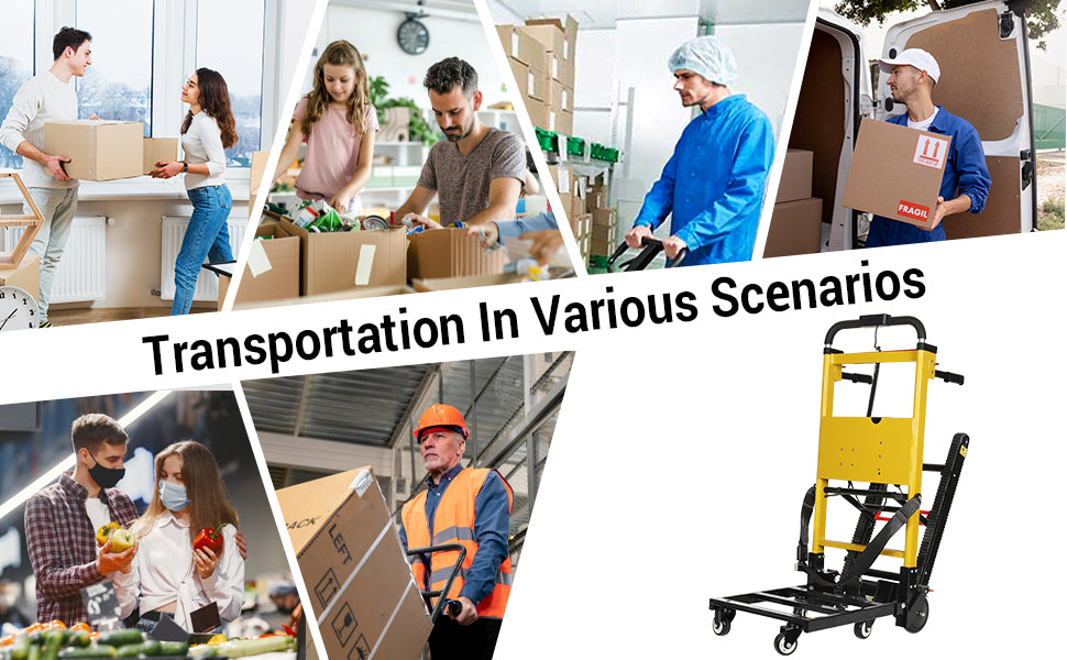 Electric stair climber used for transportation in various scenarios including home moving, grocery delivery, warehouse logistics, and industrial applications.