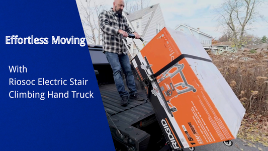 A person using a Riosoc Electric Stair Climbing Hand Truck to move a large box onto a truck, showcasing effortless moving with a battery-operated stair climber.