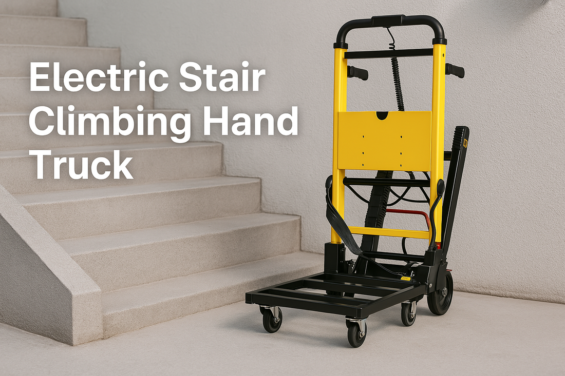 Electric stair climbing hand truck positioned next to a staircase, showcasing its yellow frame and ergonomic design, ideal for enhancing logistics and moving efficiency in multi-story environments.