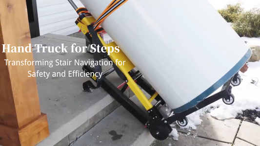 A Riosoc electric hand truck moving a large water heater up stairs, showcasing the efficiency and safety of the track-based system.