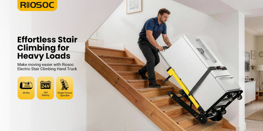 Riosoc Electric Stair Climbing Hand Truck in action, effortlessly moving a heavy washing machine up the stairs. Key features include 441 lbs capacity, 24V battery, single-person operable, CE certified, and extended warranty.