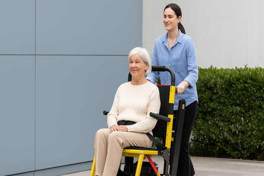 A caregiver assists an elderly woman seated in a yellow stair-climbing wheelchair, moving her safely on a flat surface, with the woman smiling and appearing comfortable and secure.