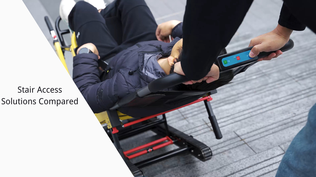 Caregiver assisting a person with an electric stair climbing chair on stairs