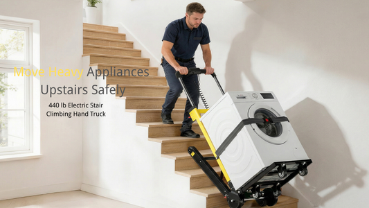 Electric stair climbing hand truck moving a water heater on stairs