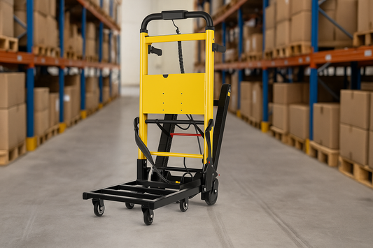 A yellow electric stair climbing dolly standing in the middle of a warehouse aisle surrounded by shelves and cardboard boxes.
