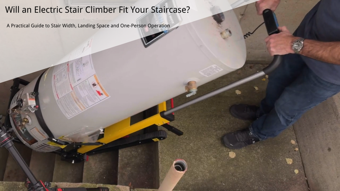 Riosoc electric stair climbing hand truck operated by one person while moving a secured water heater on stairs.