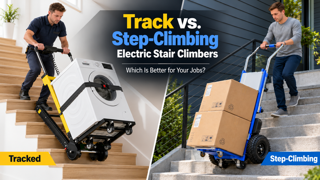 Comparison of a yellow tracked electric stair climber moving a washing machine indoors and a blue step-climbing dolly carrying boxes on outdoor stairs.