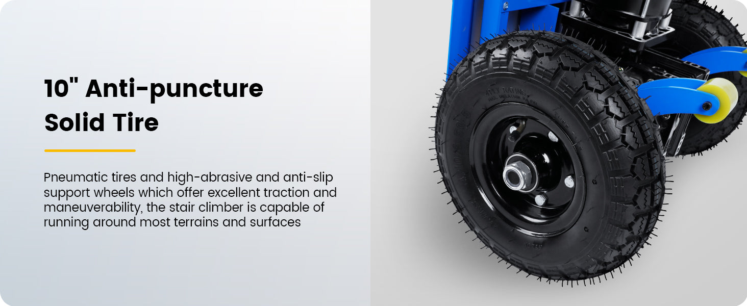 10-inch anti-puncture solid tire with pneumatic design and anti-slip support wheels, providing excellent traction and maneuverability on various terrains.