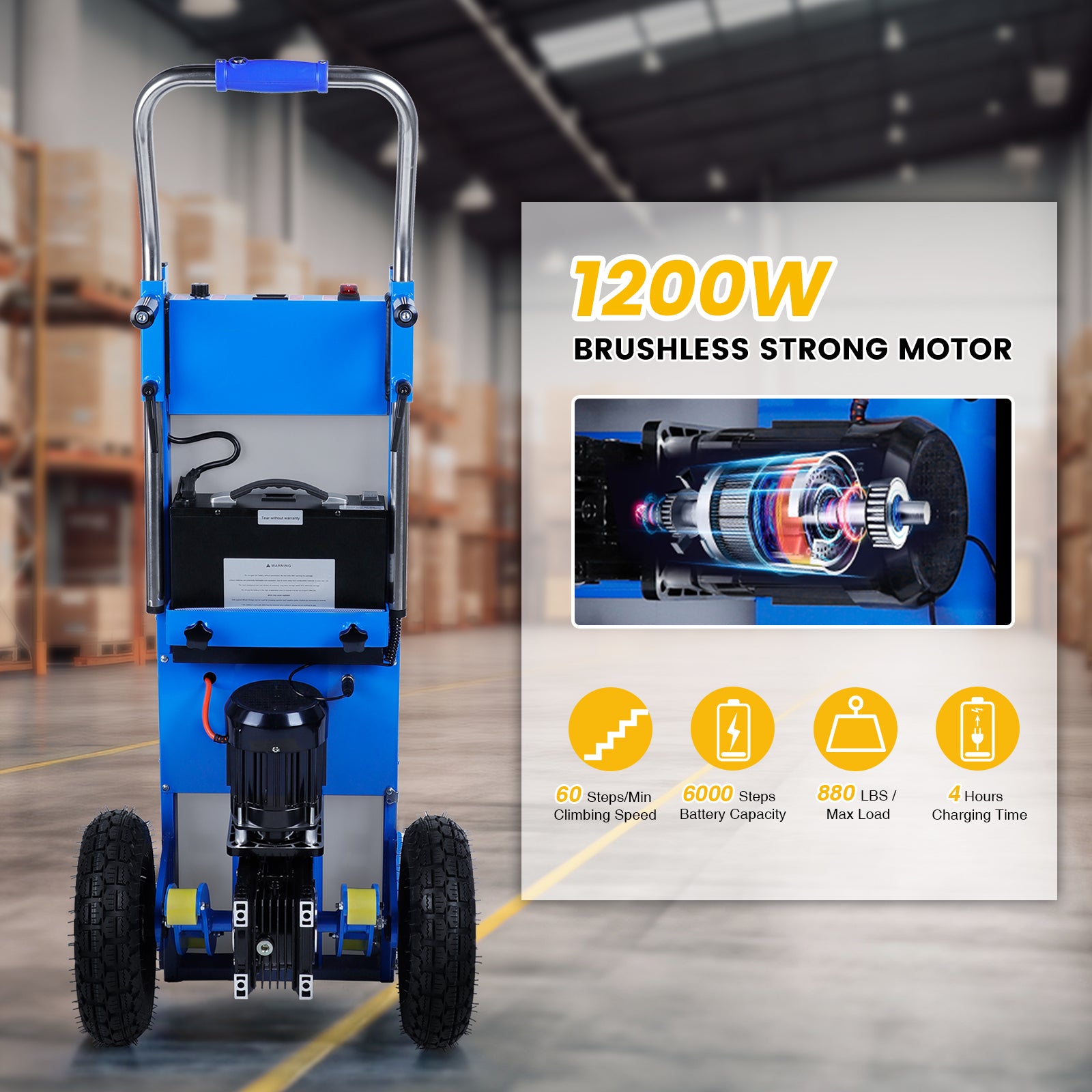 1200W brushless electric stair climber with 880 lbs max load, 60 steps/min climbing speed, 6000-step battery capacity, and 4-hour charging time, designed for industrial use.