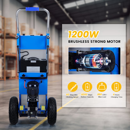 1200W brushless electric stair climber with 880 lbs max load, 60 steps/min climbing speed, 6000-step battery capacity, and 4-hour charging time, designed for industrial use.