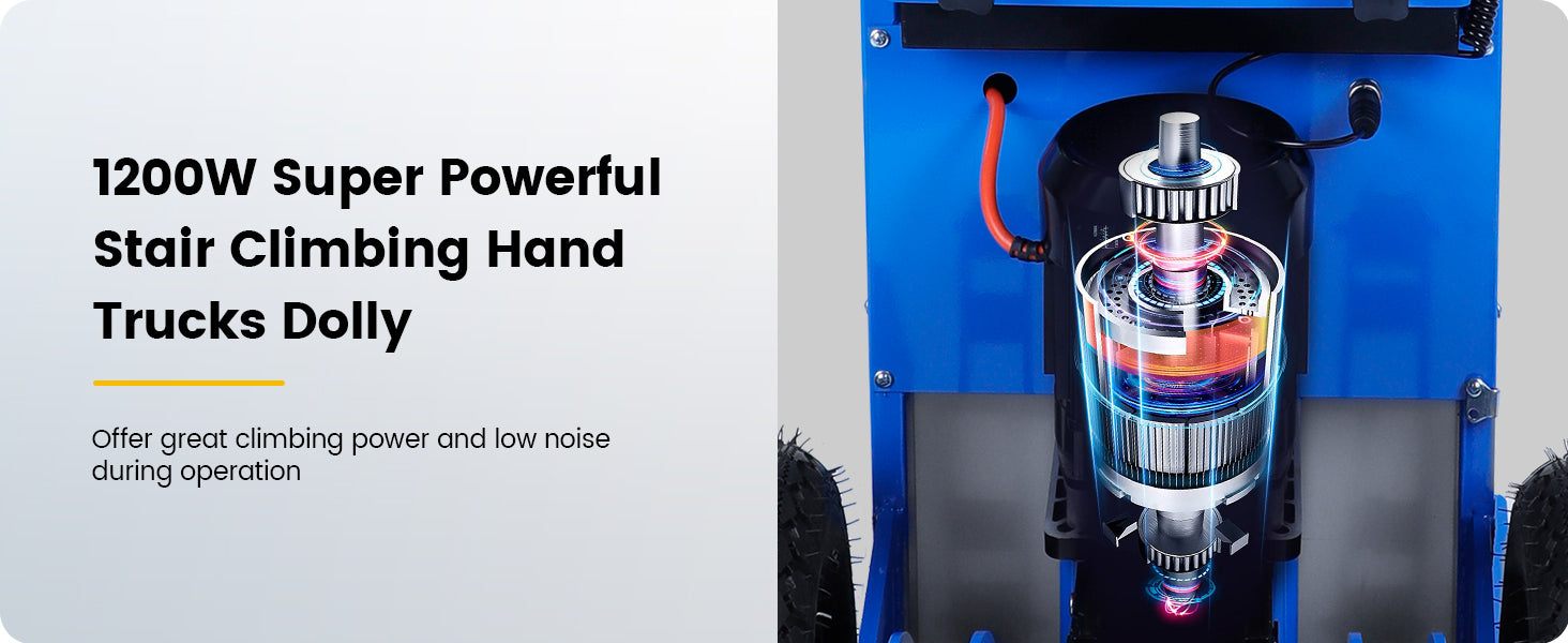 1200W super powerful motor for stair climbing dolly, providing exceptional climbing power with low noise during operation.